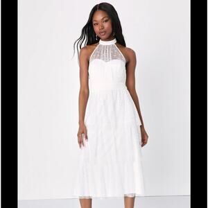 NEW Lulus Positively Precious White Floral Mesh Tiered Halter Midi Dress Lg NWT